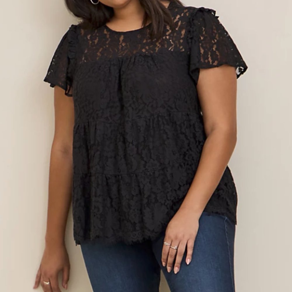 Torrid Plus 5X(28) Black Lace Short Sleeve Tiered Blouse, NWT